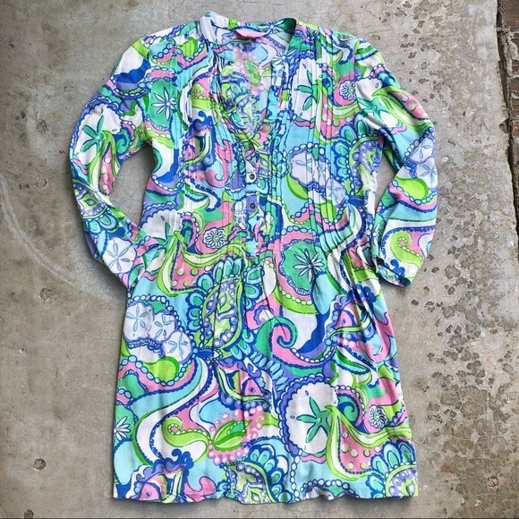 Lilly Pulitzer Sarasota Pintucked Tunic Dress Shift Mini Blue XS - Picture 2 of 6